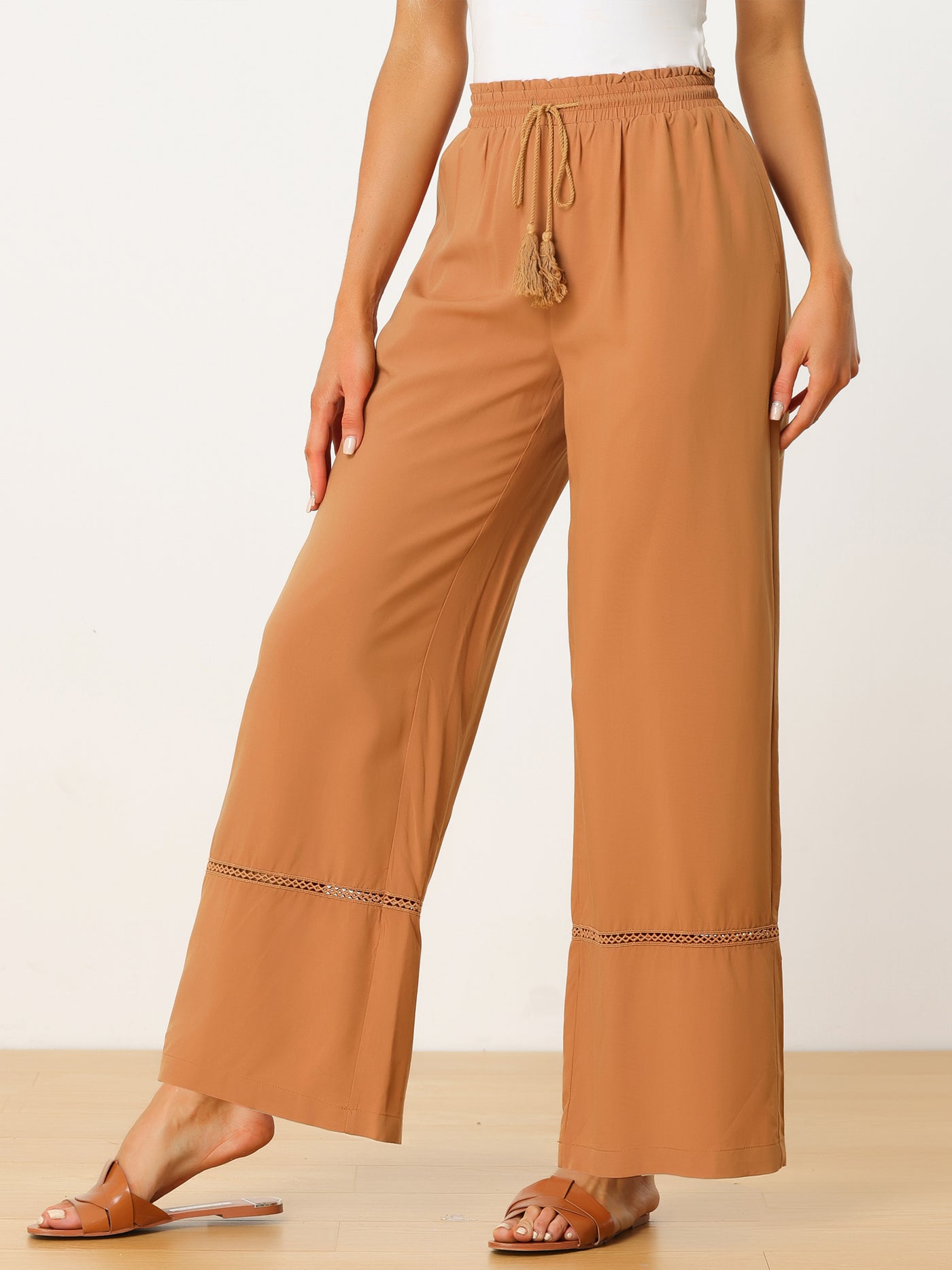 Allegra K Casual Loose High Waist Drawstring Wide Leg Palazzo Paper Bag Pants