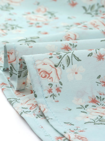 Floral Print A-line V Neck Tie Waist Puff Sleeve Midi Dress