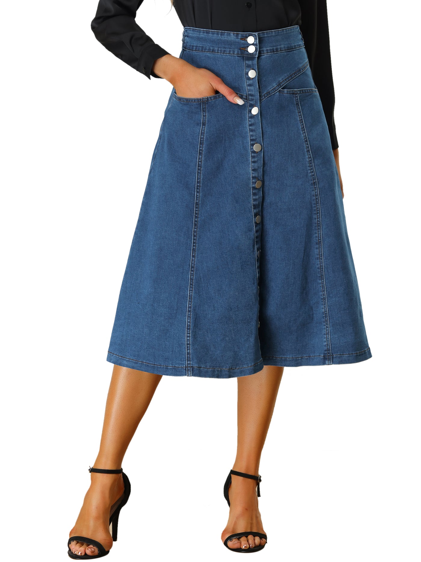 Allegra K Stretchy High Waist Buttons Front A-Line Flowy Pockets Midi Skirt