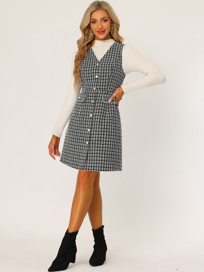 V Neck Button Down Pockets Vintage Sleeveless Plaid Tweed Dress