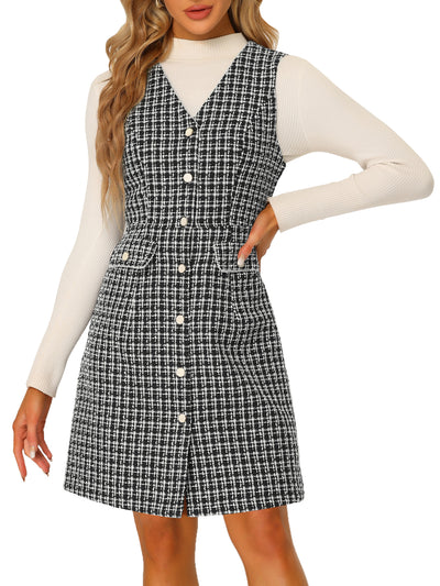 V Neck Button Down Pockets Vintage Sleeveless Plaid Tweed Dress