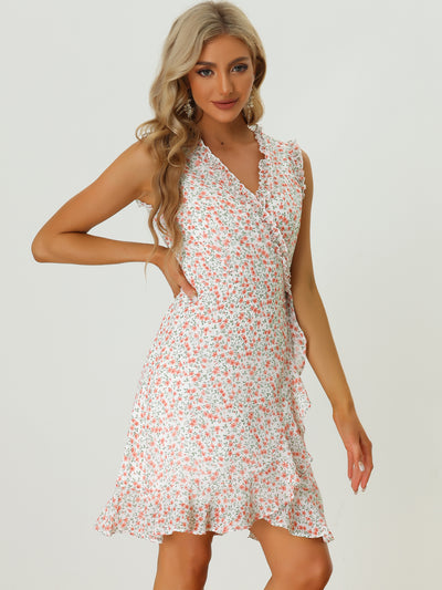Allegra K Summer Sleeveless V Neck Tie Waist Floral Print Ruffled Wrap Mini Dress Sundress