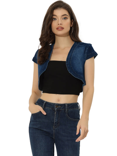 Casual Crop Denim Cardigan Cap Sleeve Jean Jacket Shrug