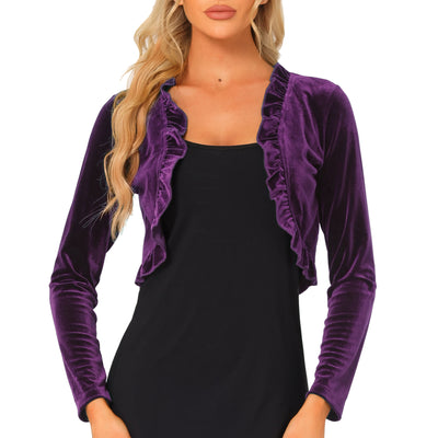 Cocktail Party Open Front Cardigan Long Sleeve Cropped Velvet Shrug