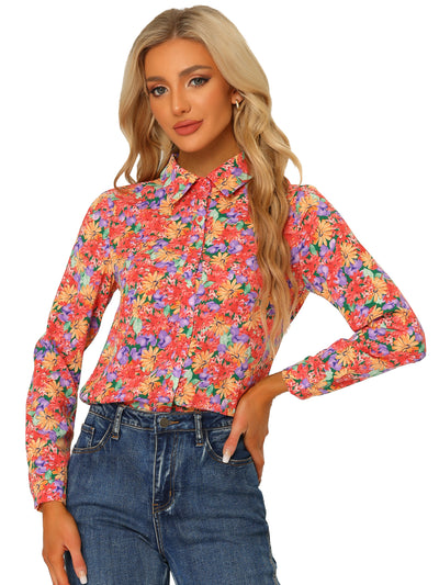 Button Down Floral Long Sleeve Point Collar Blouse