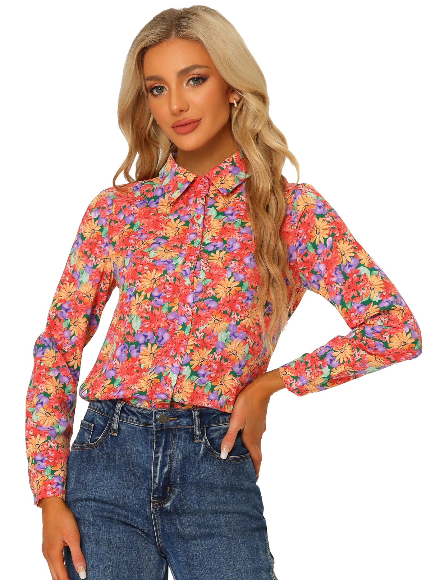 Allegra K Button Down Floral Long Sleeve Point Collar Blouse