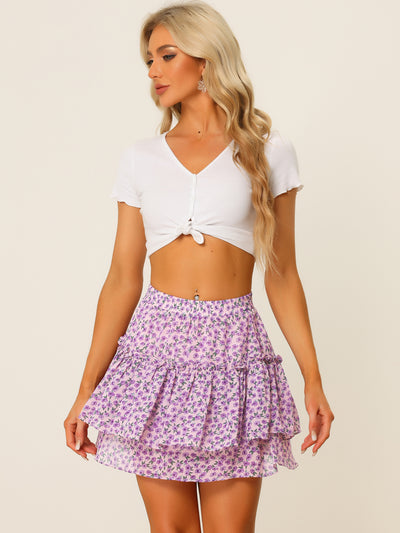 Floral Tiered Ruffle Cute Summer Flowy Chiffon Mini Skirt