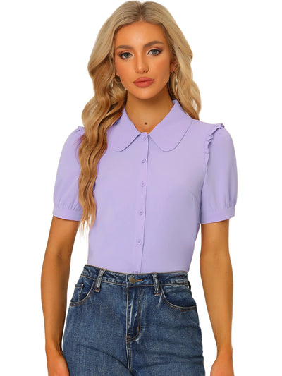 Work Collared Peter Pan Collar Short Sleeve Button Front Shirt