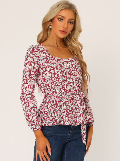 Long Sleeve Square Neck Belted Peplum Floral Top Blouse