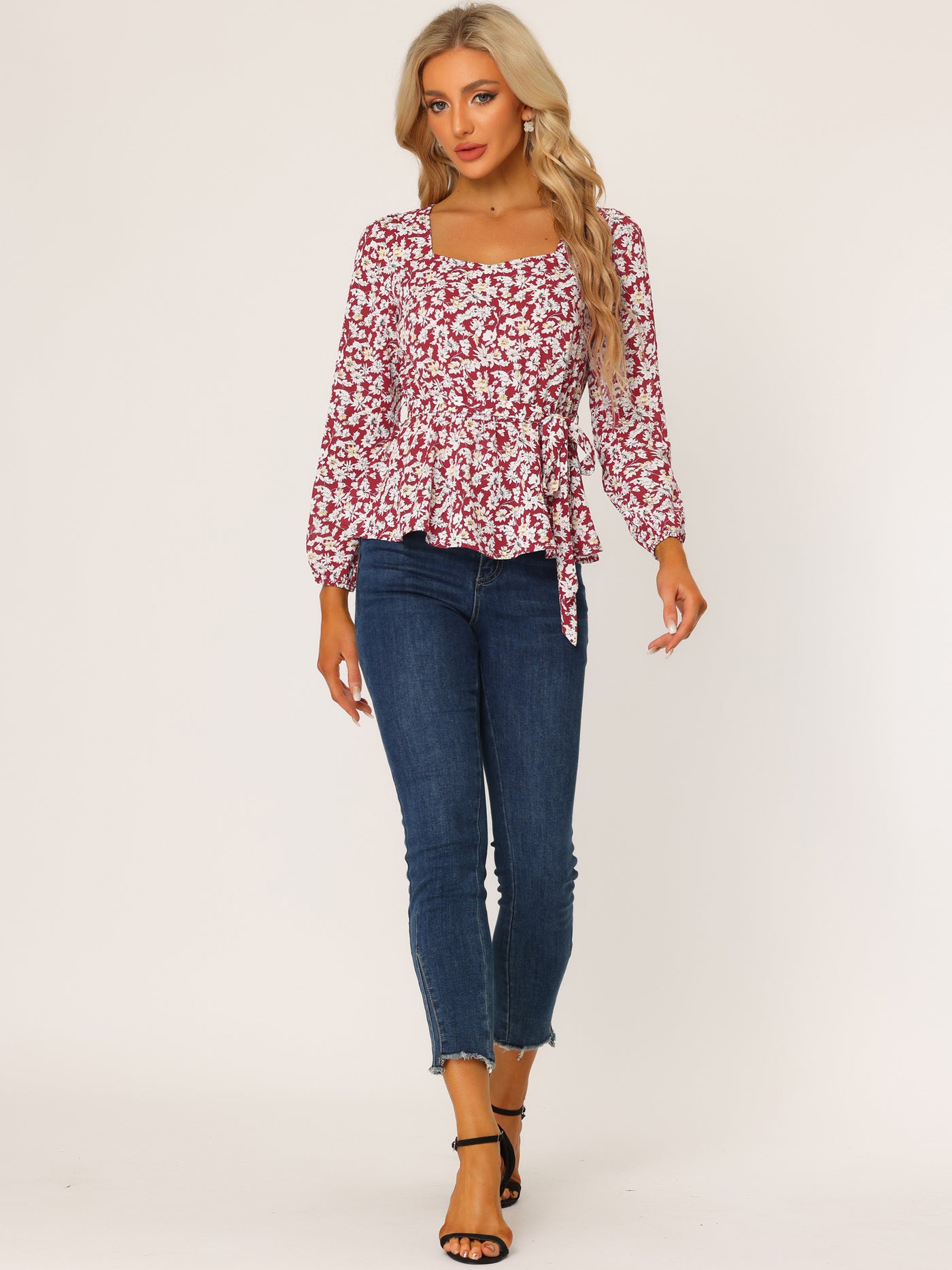 Allegra K Long Sleeve Square Neck Belted Peplum Floral Top Blouse