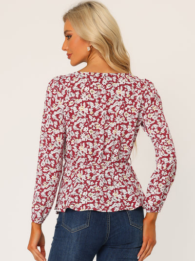 Long Sleeve Square Neck Belted Peplum Floral Top Blouse