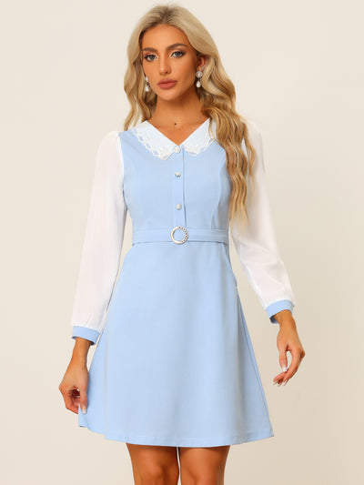 Peter Pan Collar Elegant Contract Panel Pockets A-Line Dress