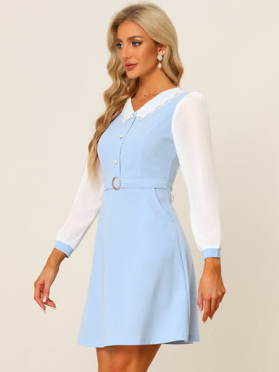 Peter Pan Collar Elegant Contract Panel Pockets A-Line Dress