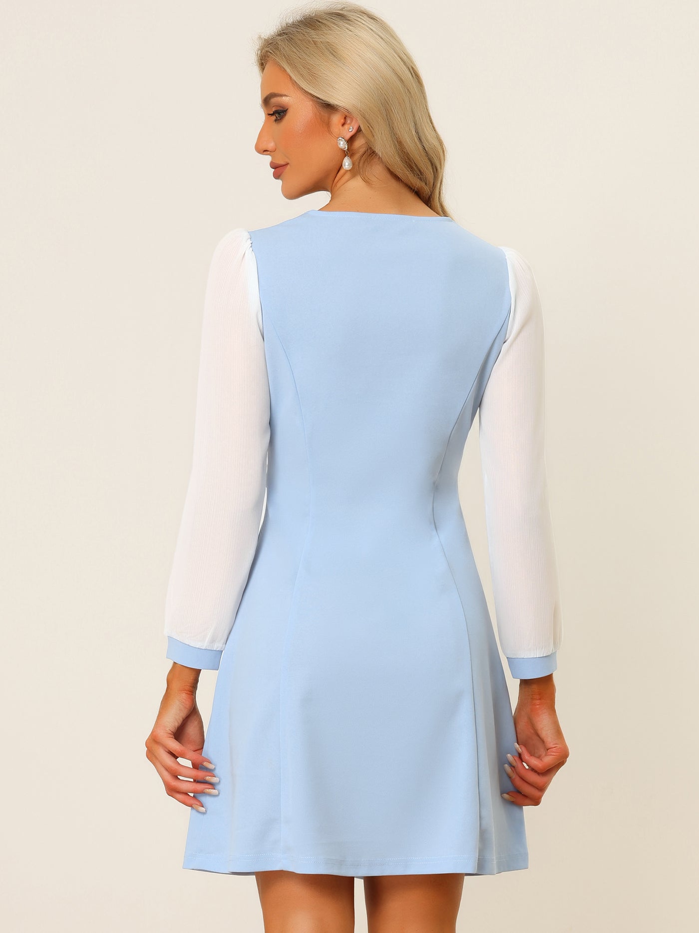 Allegra K Peter Pan Collar Elegant Contract Panel Pockets A-Line Dress