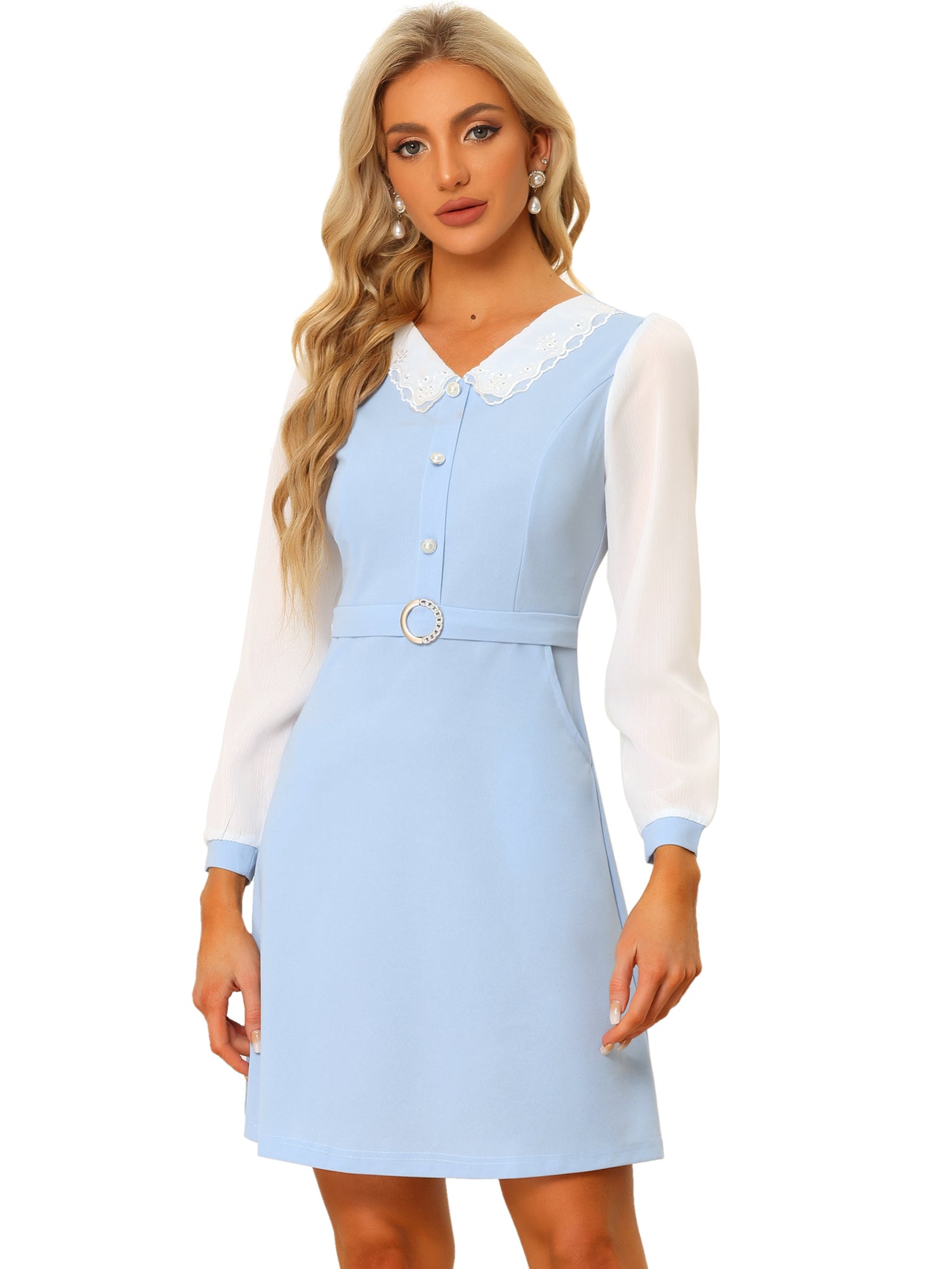 Allegra K Peter Pan Collar Elegant Contract Panel Pockets A-Line Dress