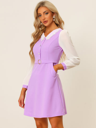 Peter Pan Collar Elegant Contract Panel Pockets A-Line Dress