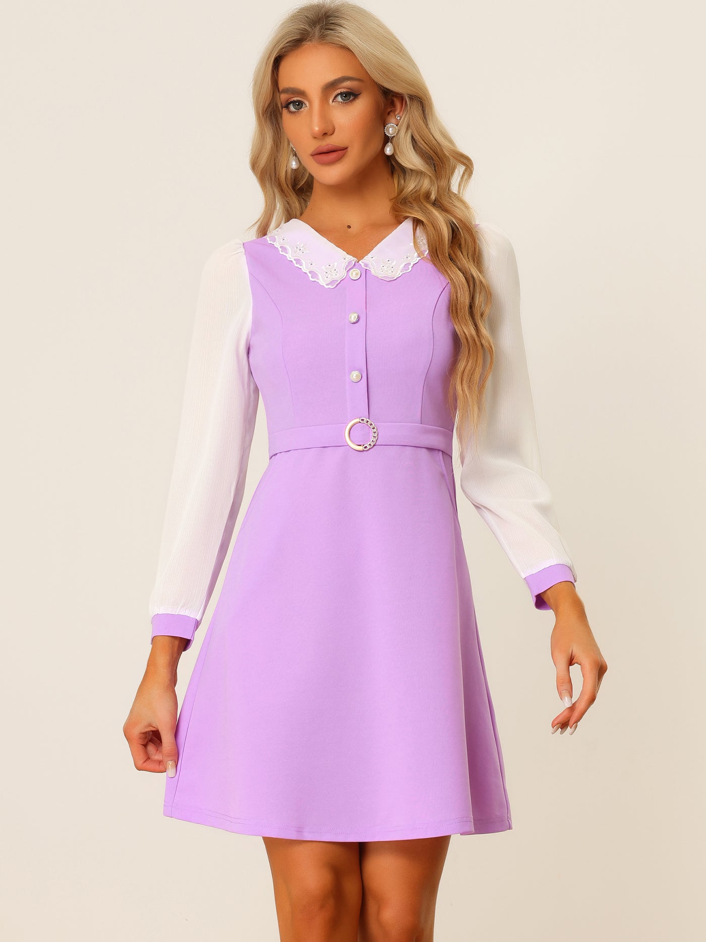 Allegra K Peter Pan Collar Elegant Contract Panel Pockets A-Line Dress