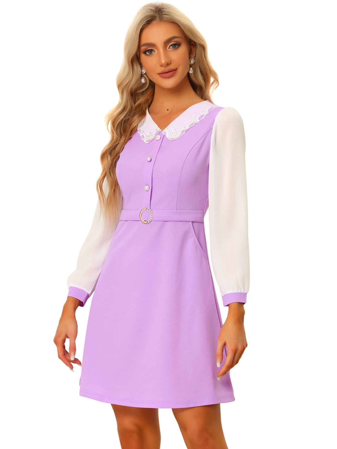 Allegra K Peter Pan Collar Elegant Contract Panel Pockets A-Line Dress