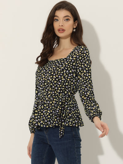 Long Sleeve Square Neck Belted Peplum Floral Top Blouse