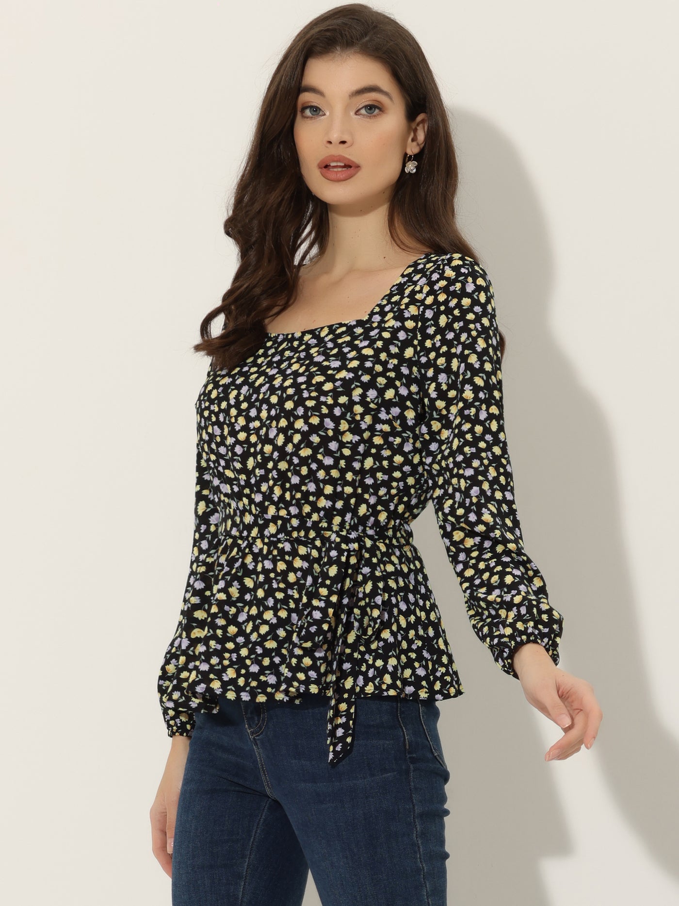 Allegra K Long Sleeve Square Neck Belted Peplum Floral Top Blouse