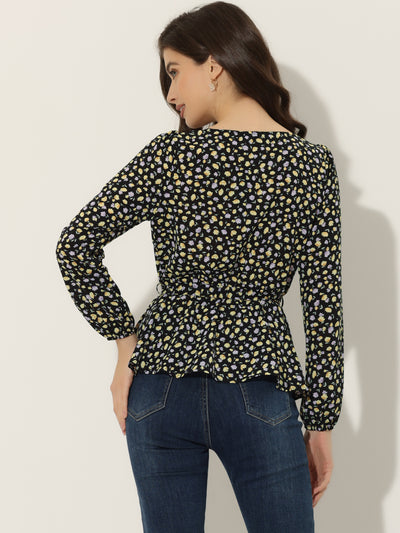 Long Sleeve Square Neck Belted Peplum Floral Top Blouse