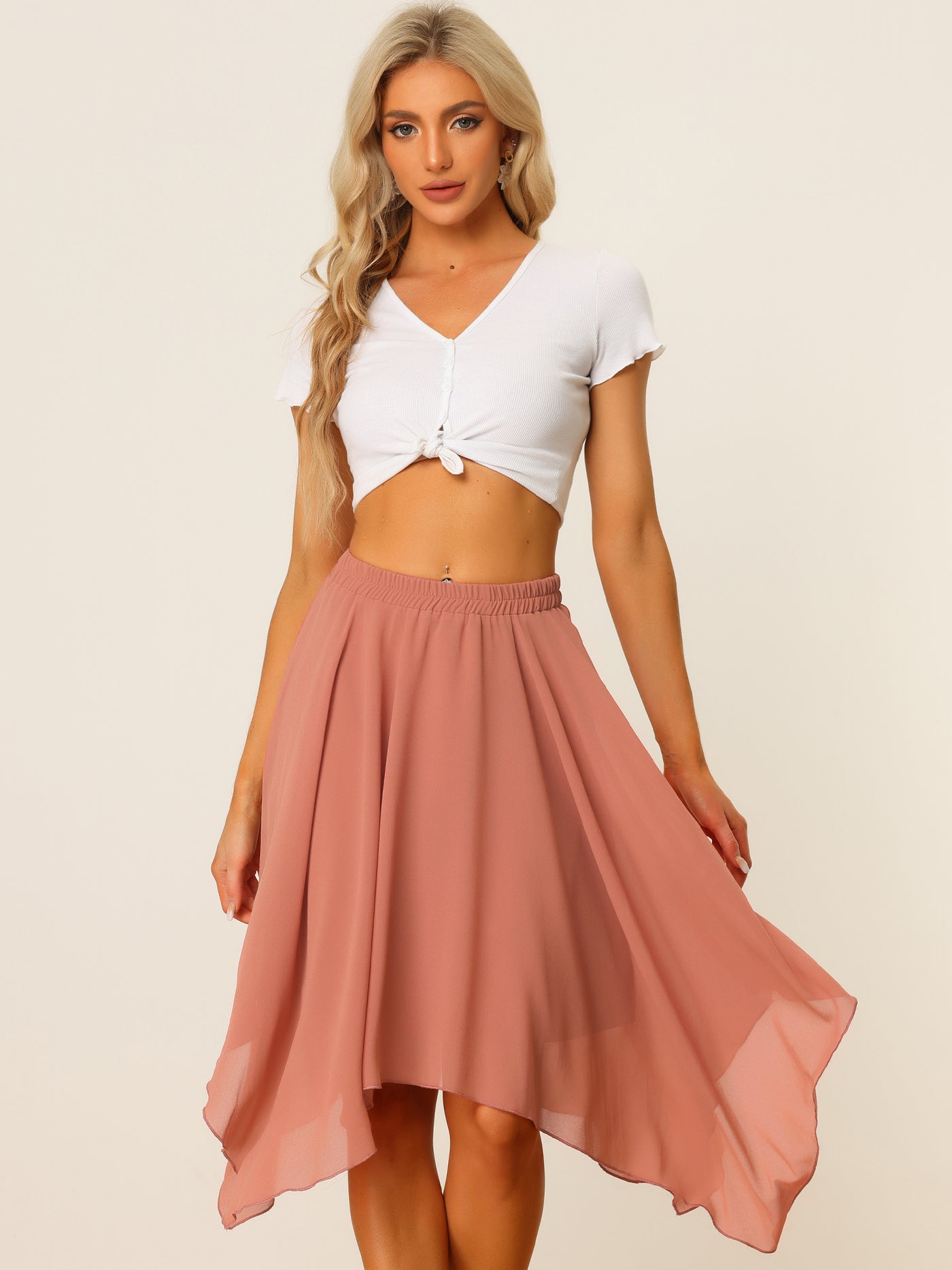 Allegra K Elastic Waist Chiffon Handkerchief Hem Midi Skirt