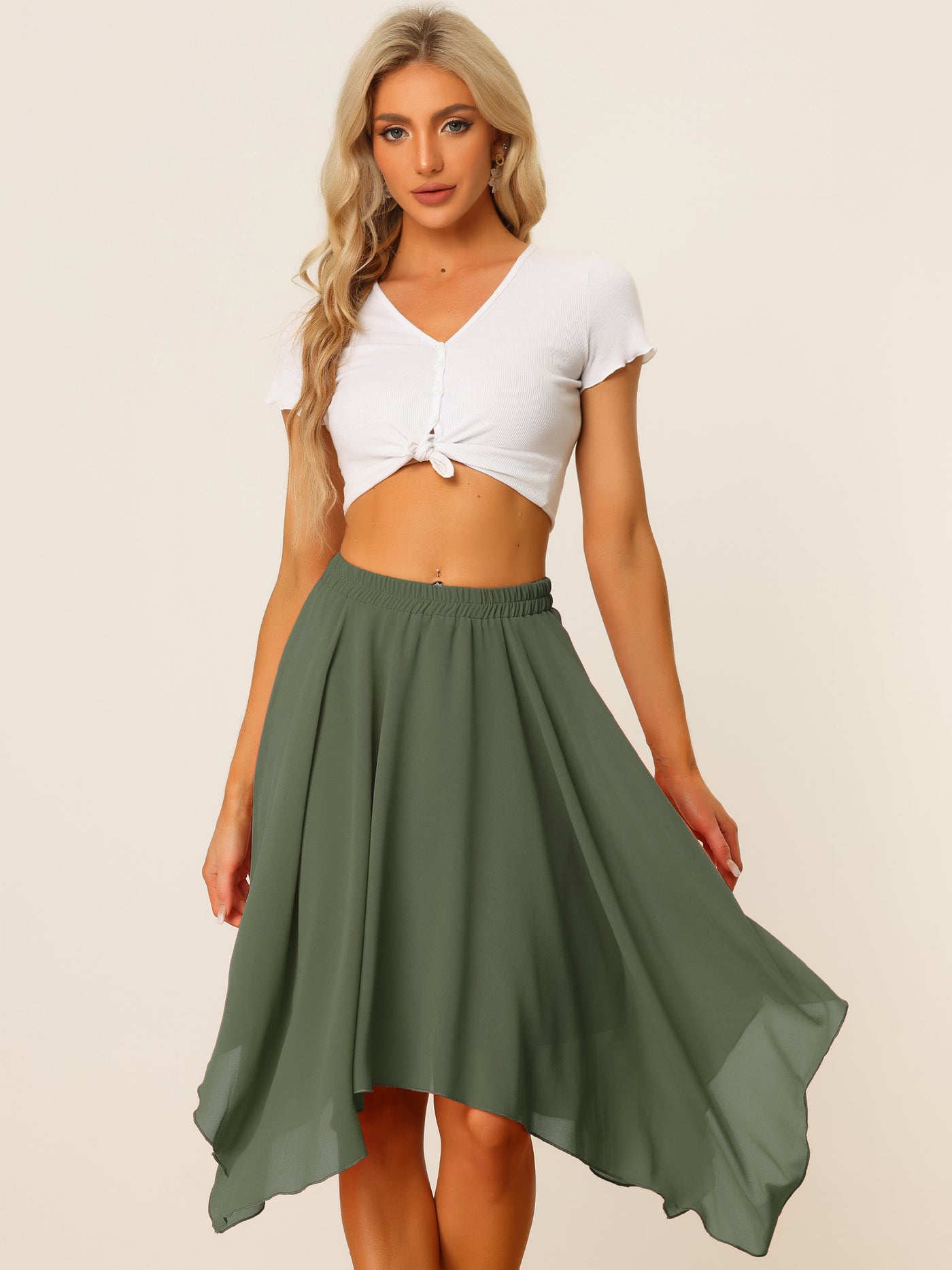 Allegra K Elastic Waist Chiffon Handkerchief Hem Midi Skirt