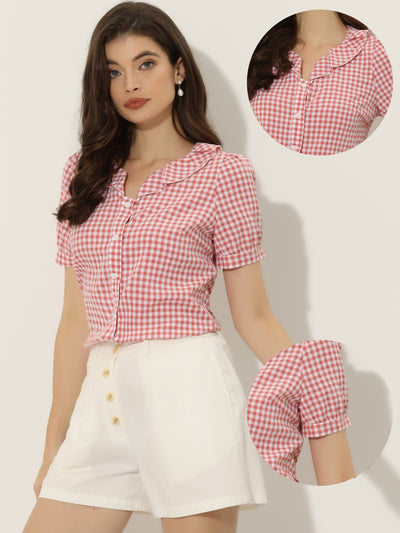 Plaid Blouse Puff Sleeve Ruffle Peter Pan Collar Shirt Top