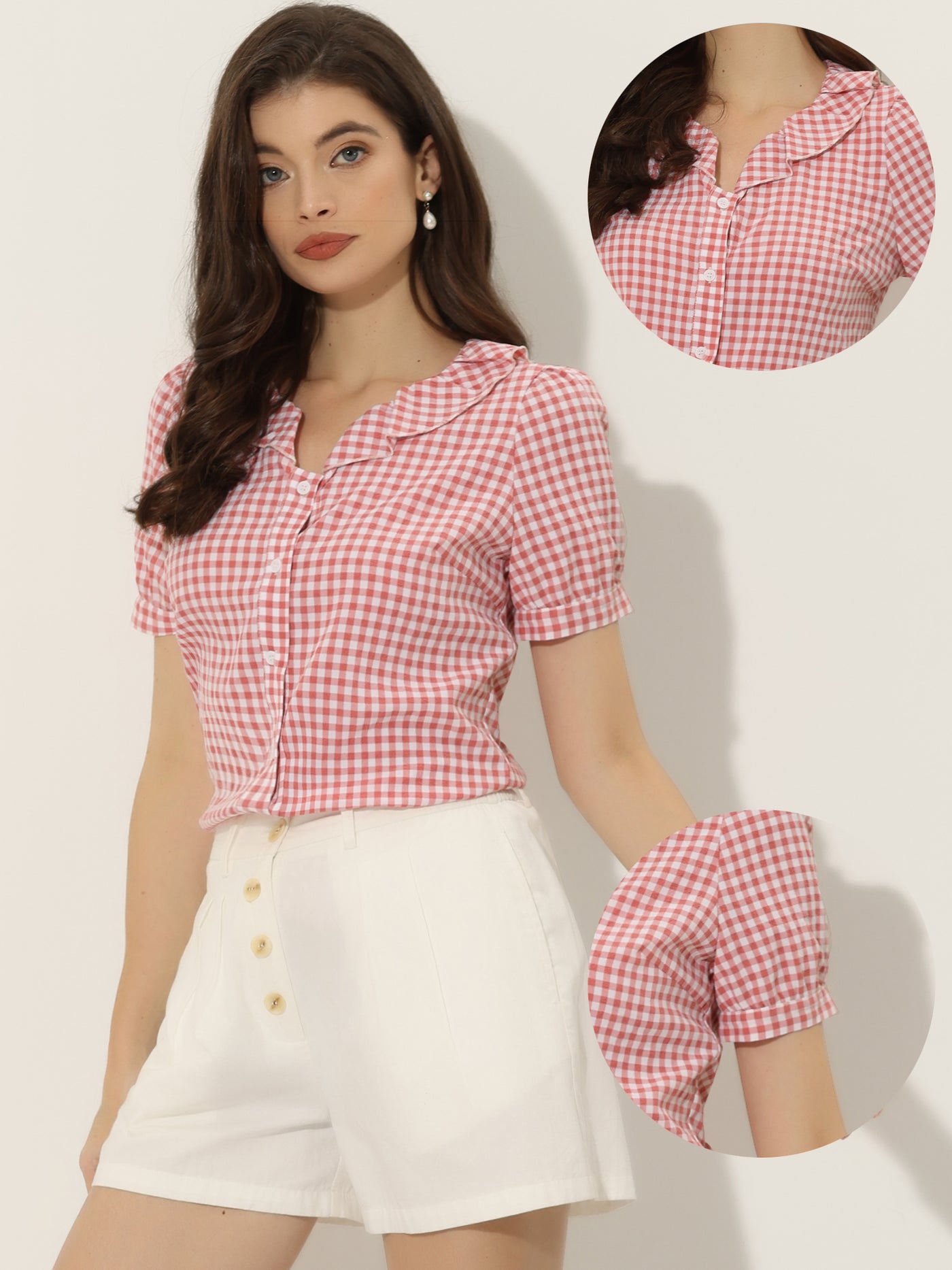 Allegra K Plaid Blouse Puff Sleeve Ruffle Peter Pan Collar Shirt Top