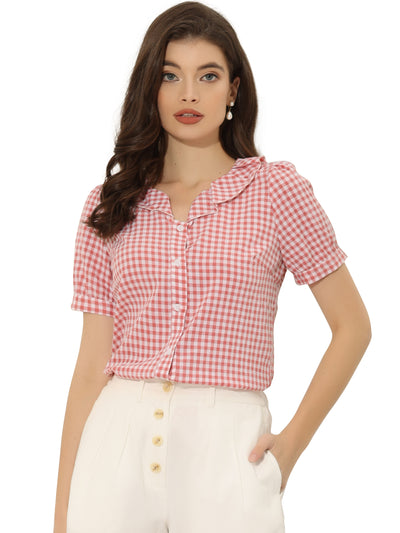 Plaid Blouse Puff Sleeve Ruffle Peter Pan Collar Shirt Top