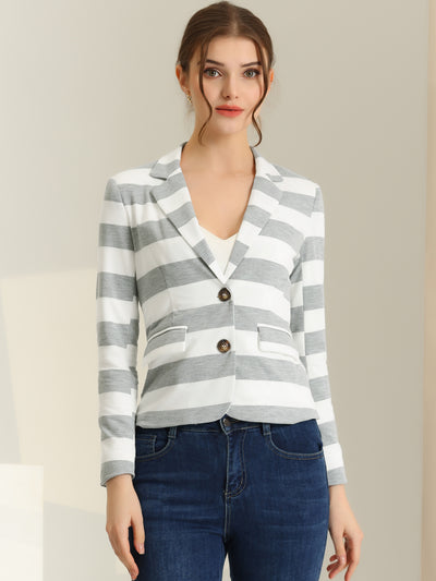 Notched Lapel Pocket Button Closure Striped Blazer