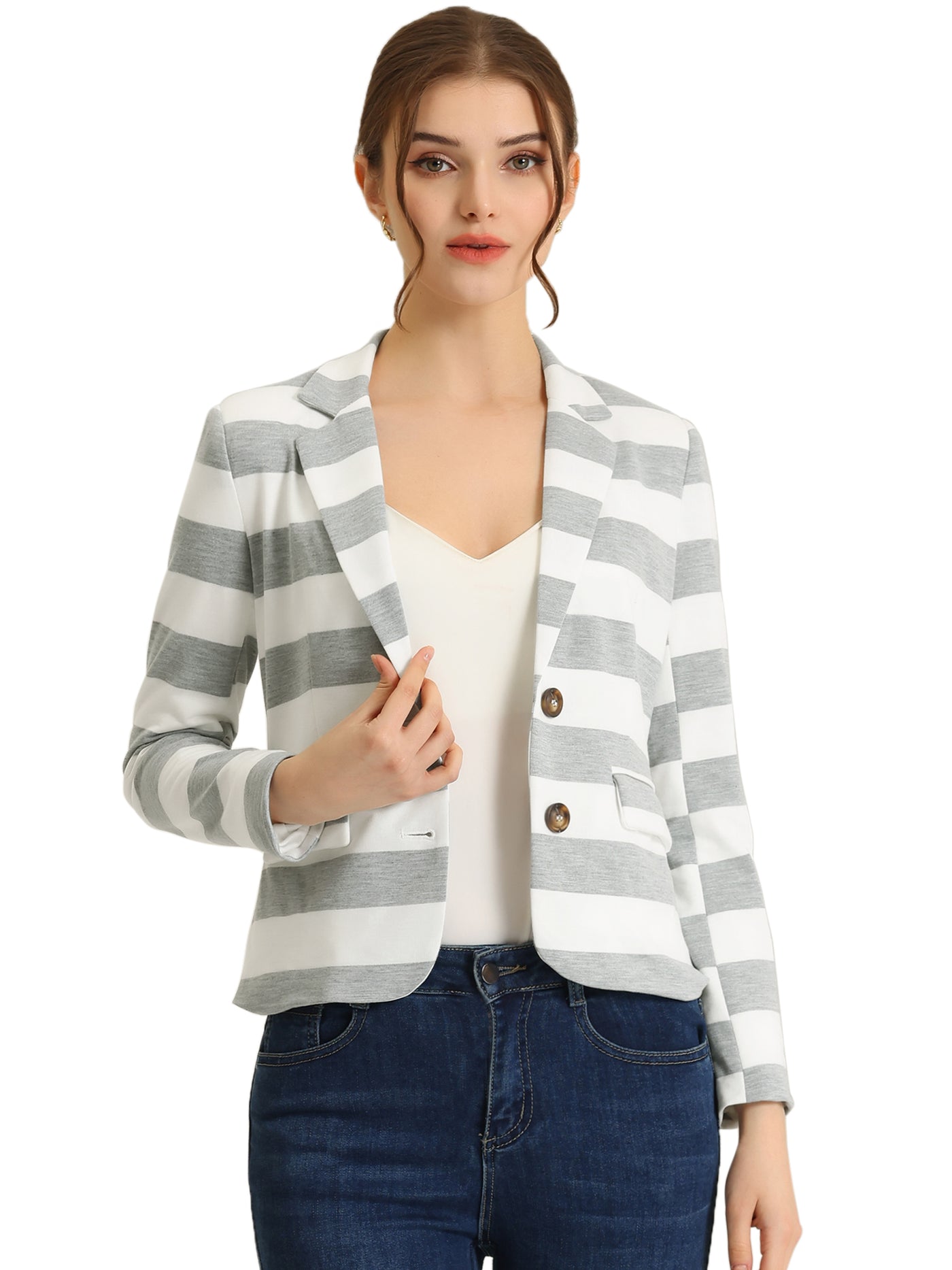 Allegra K Notched Lapel Pocket Button Closure Striped Blazer