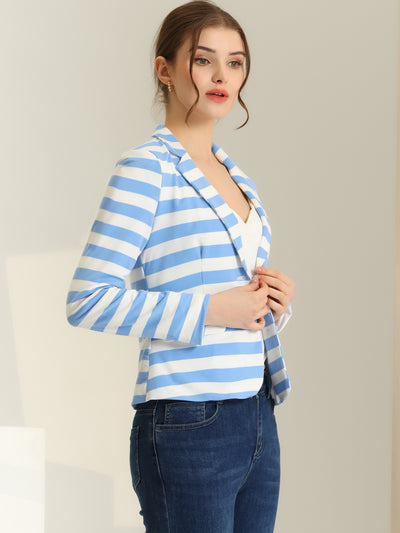 Notched Lapel Pocket Button Closure Striped Blazer