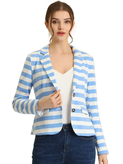 Notched Lapel Pocket Button Closure Striped Blazer