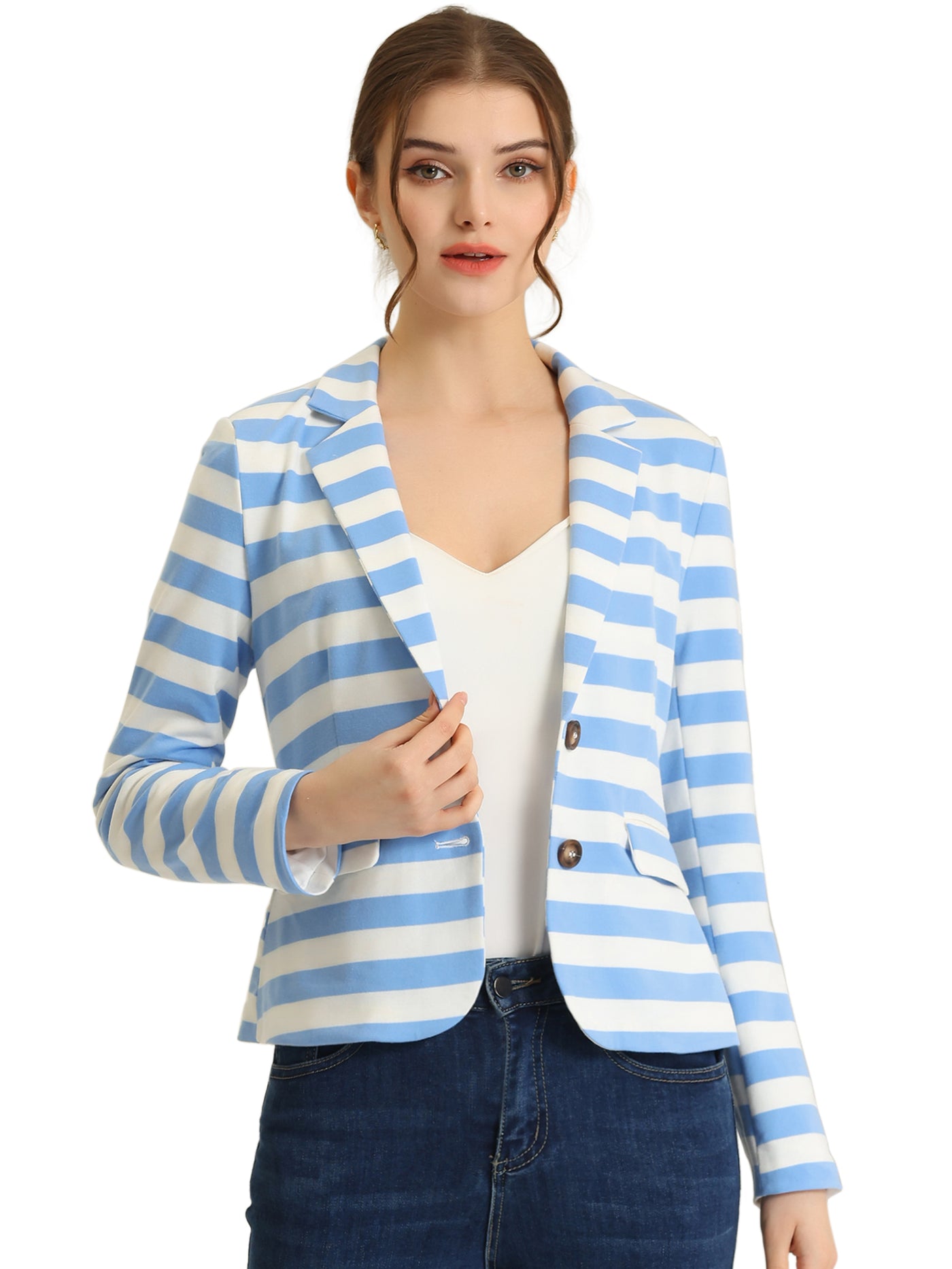 Allegra K Notched Lapel Pocket Button Closure Striped Blazer