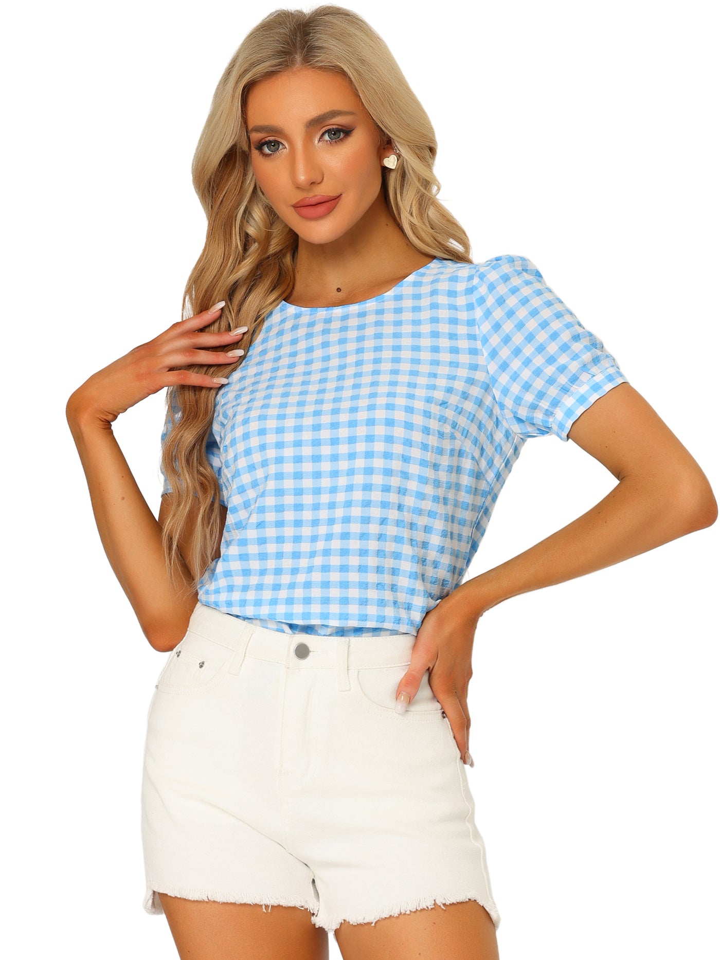 Allegra K Vintage Blouse Plaid Crew Neck Puff Sleeve Casual Gingham Tops