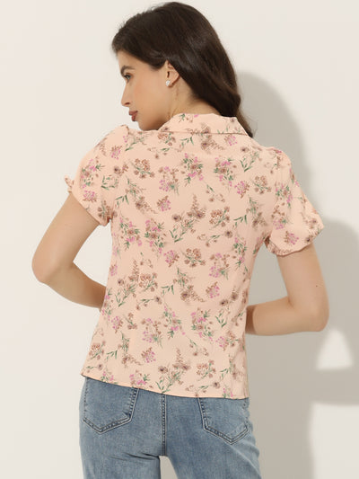 Floral Notched Lapel Summer Casual Button Up Short Sleeve Shirt