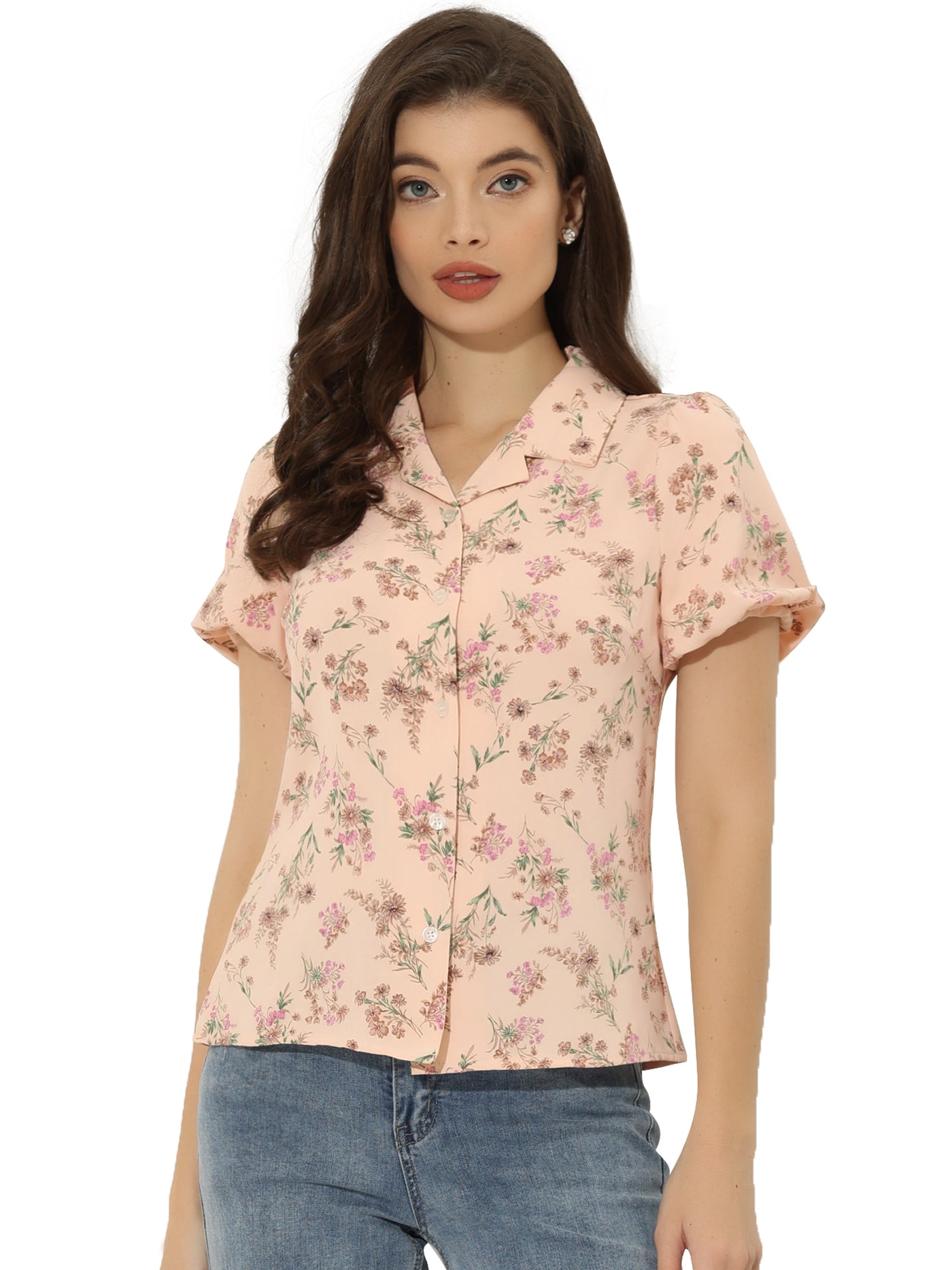 Allegra K Floral Notched Lapel Summer Casual Button Up Short Sleeve Shirt