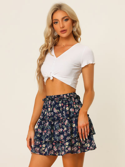 Layered Ruffle Hem Elastic Waist A-Line Skater Floral Mini Skirt