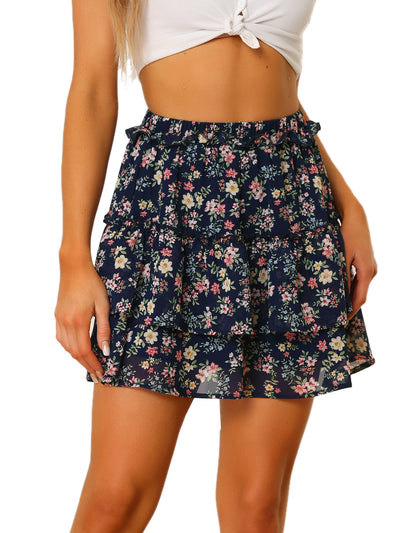 Layered Ruffle Hem Elastic Waist A-Line Skater Floral Mini Skirt