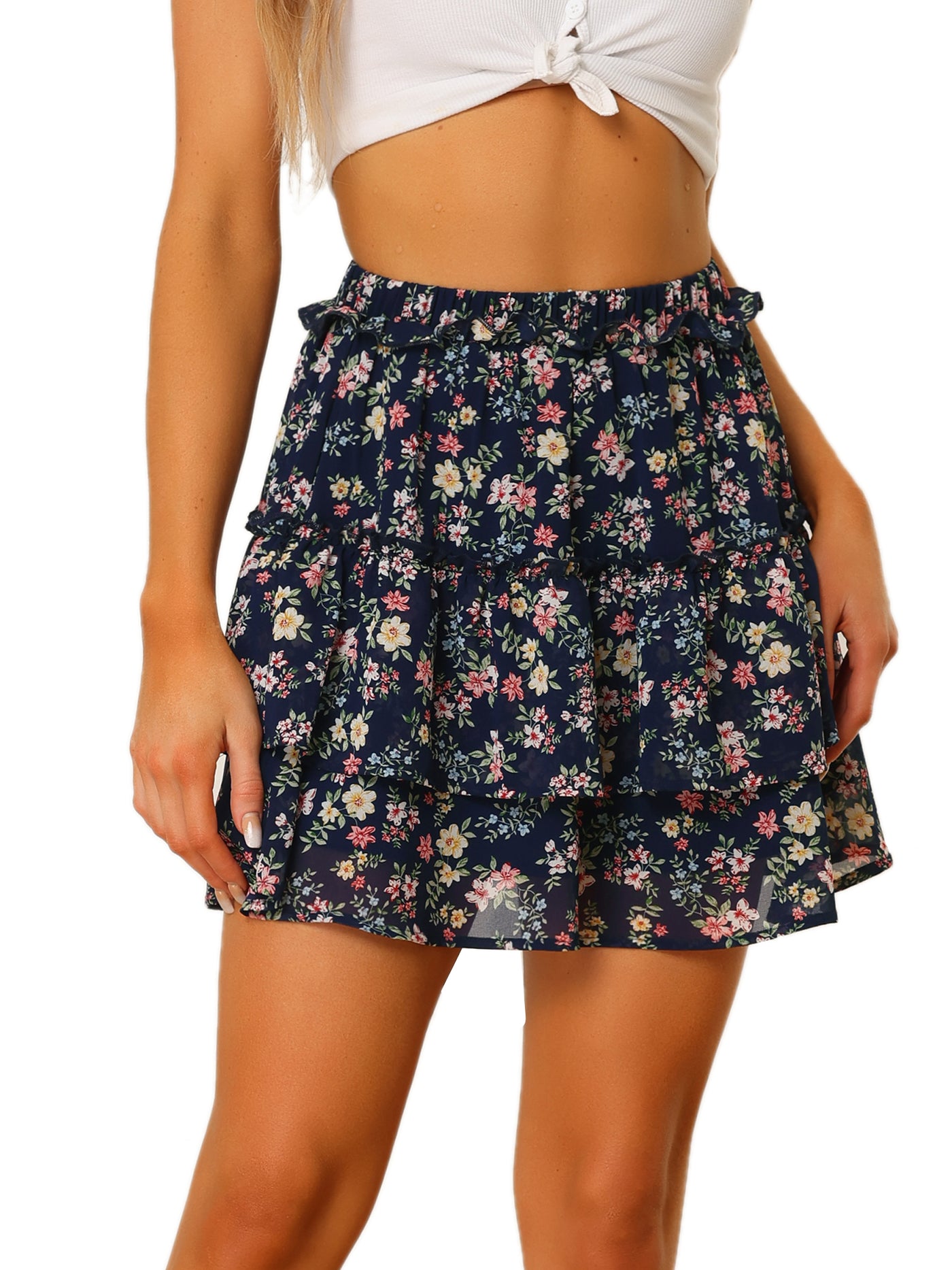 Allegra K Layered Ruffle Hem Elastic Waist A-Line Skater Floral Mini Skirt