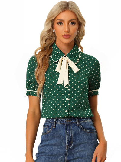 Polka Dot Peter Pan Collar Bow Tie Neck Puff Sleeve Vintage Shirt