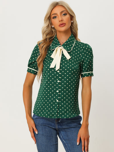 Polka Dot Peter Pan Collar Bow Tie Neck Puff Sleeve Vintage Shirt