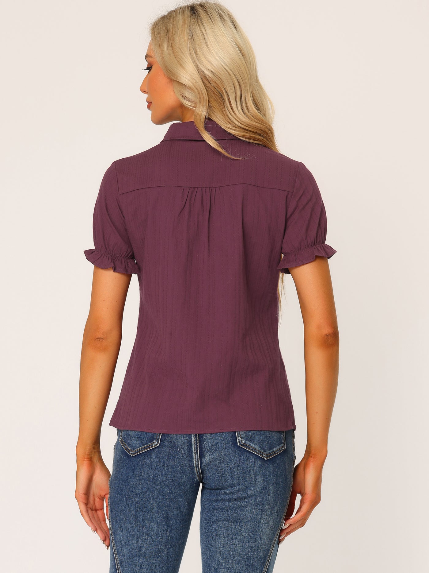 Allegra K Cotton Frilled Top Turndown Collar Solid Blouse Shirt