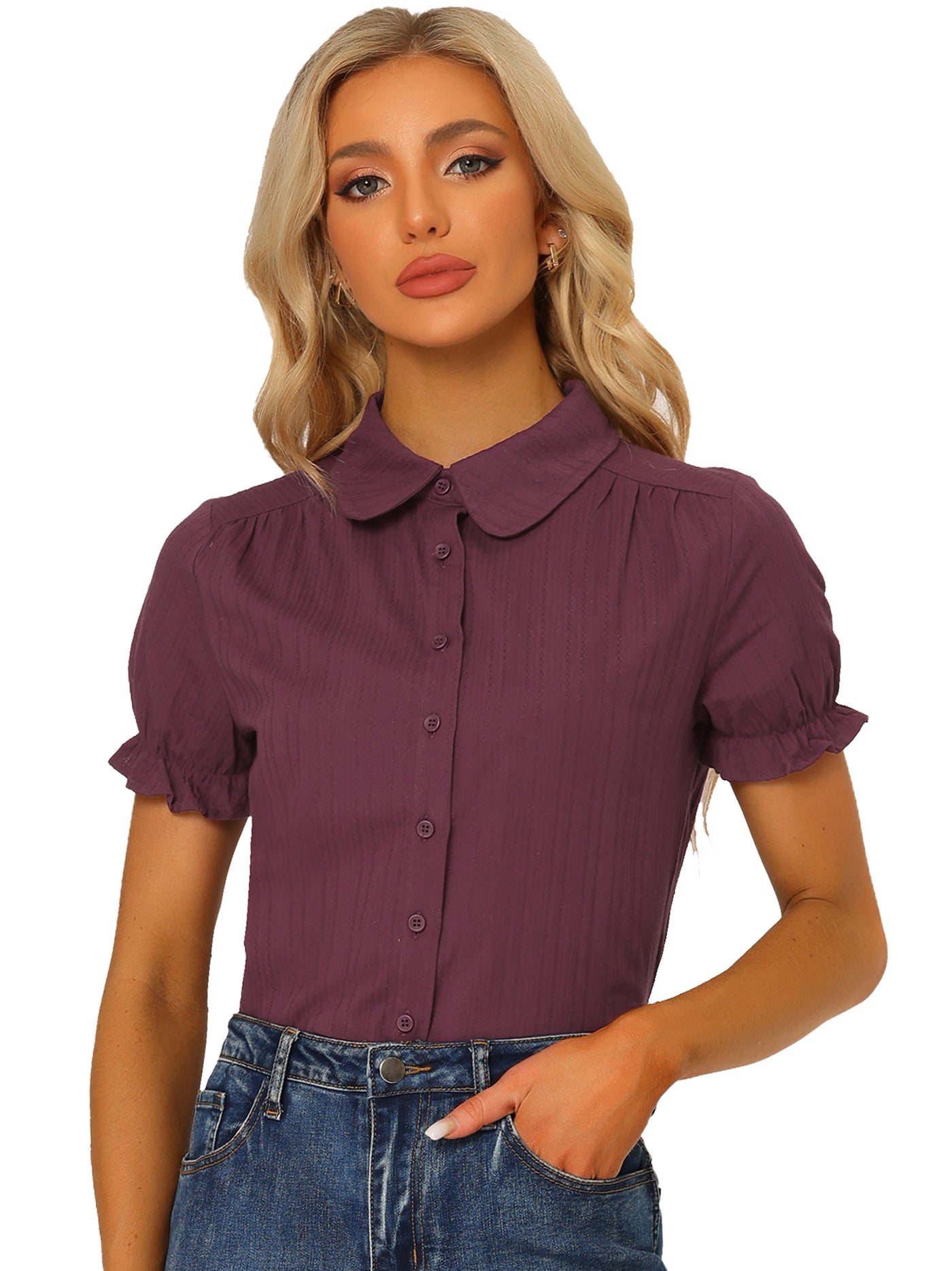 Allegra K Cotton Frilled Top Turndown Collar Solid Blouse Shirt