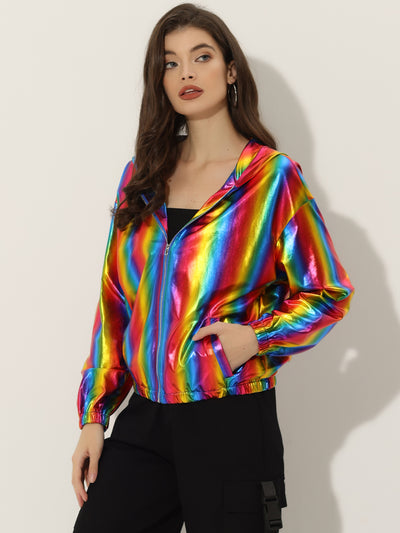 Holographic Party Shiny Lightweight Zipper Hooded Metallic Jacket