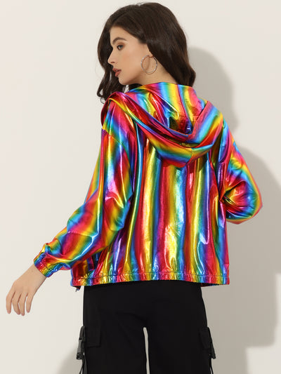 Holographic Party Shiny Lightweight Zipper Hooded Metallic Jacket