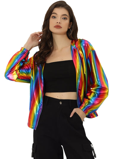 Holographic Party Shiny Lightweight Zipper Hooded Metallic Jacket