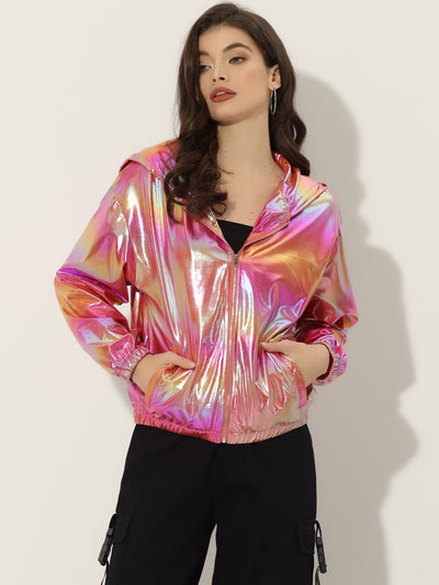 Holographic Party Shiny Lightweight Zipper Hooded Metallic Jacket