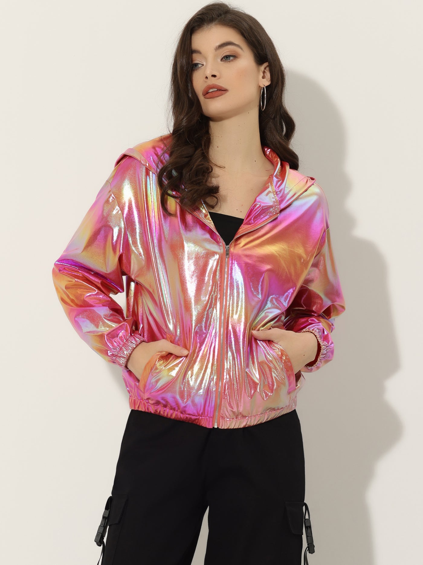 Allegra K Holographic Party Shiny Lightweight Zipper Hooded Metallic Jacket